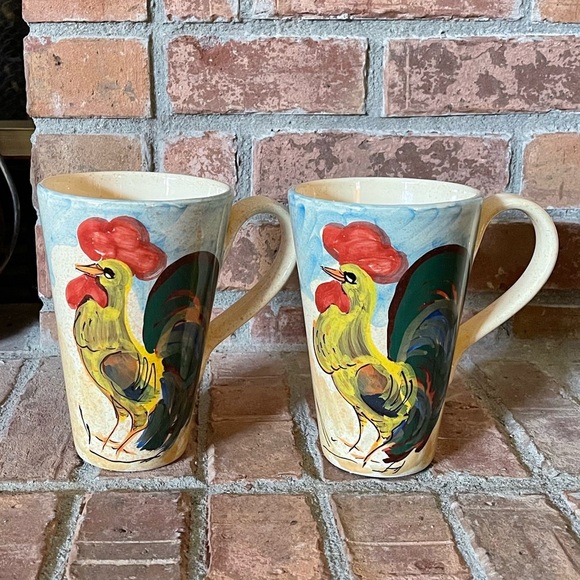 Set of 2 Large Coffee Tea Ceramic Mugs Hand Made in Italy Rooster Chicken - Picture 1 of 6